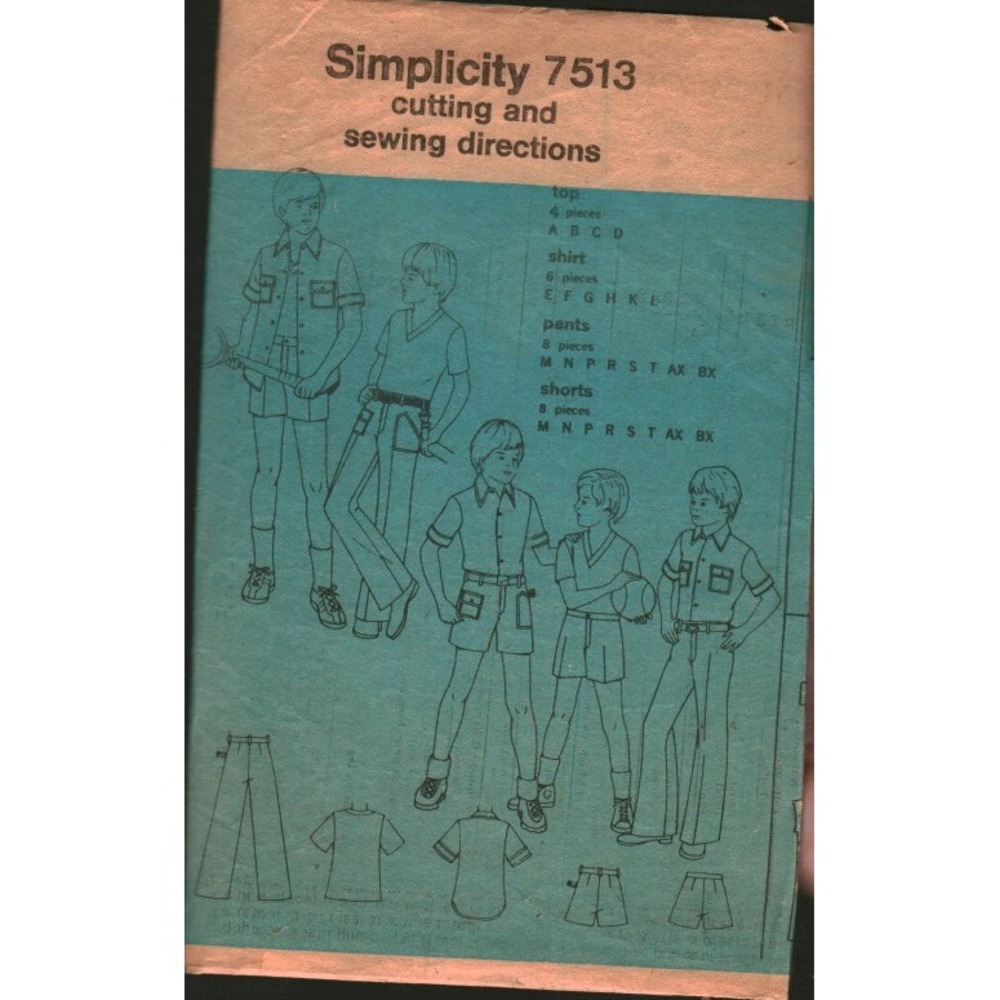 Vintage Simplicity 7513 Boys Sewing Pattern Shirt Pants Shorts Top Retro 70s